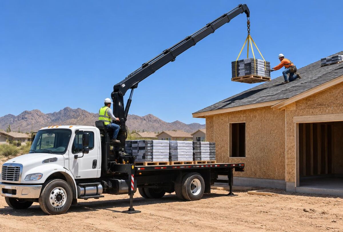 Boom truck delivering shingles to a rooftop